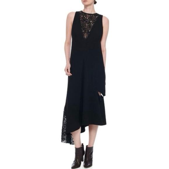 Tibi Open-Back Asymmetric Guipure Lace-Paneled Embellished Crepe Midi Dress - Picture 1 of 10